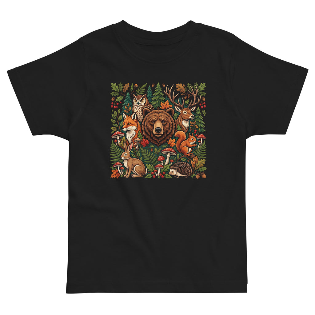Black toddler jersey T-shirt with colorful woodland wildlife front graphic.