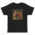 Black toddler jersey T-shirt with colorful woodland wildlife front graphic.