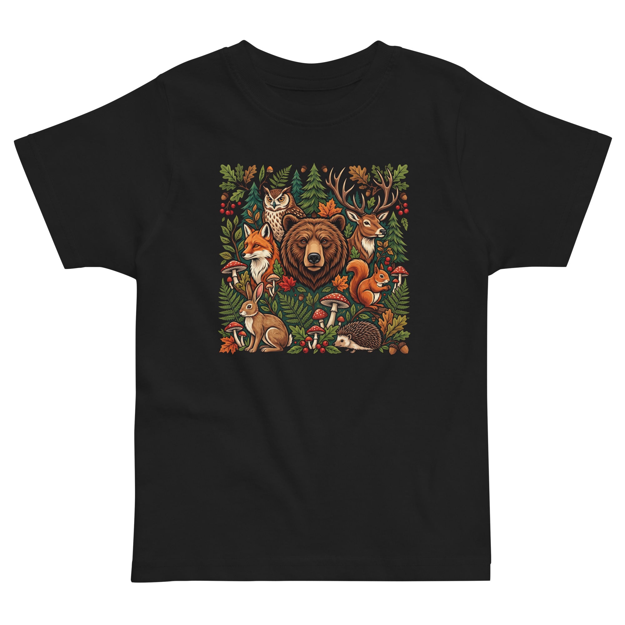 Black toddler jersey T-shirt with colorful woodland wildlife front graphic.
