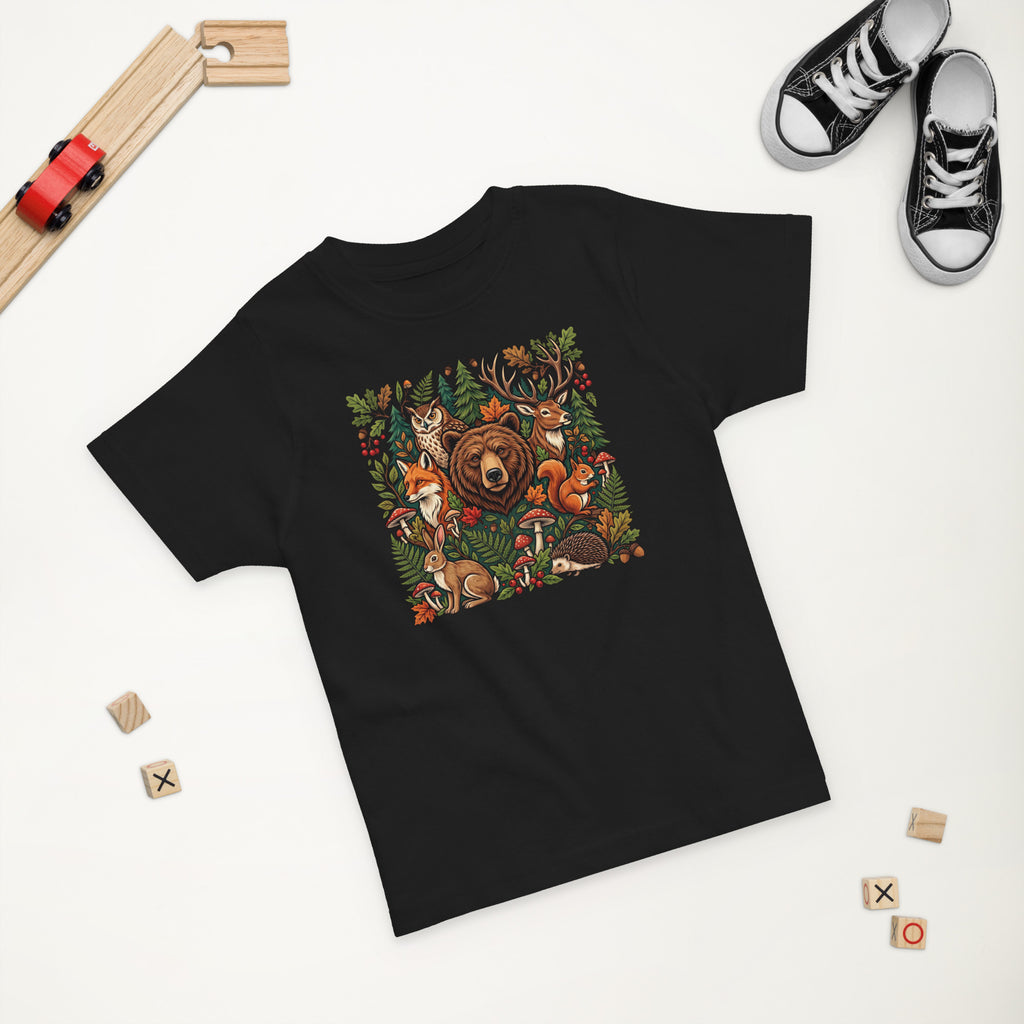 Black toddler jersey t-shirt, flat lay, with woodland wildlife front graphic