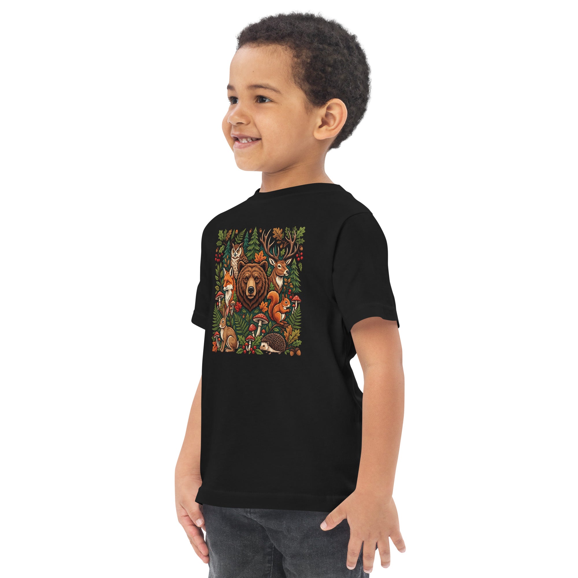 Black toddler jersey T-shirt with woodland wildlife back graphic.