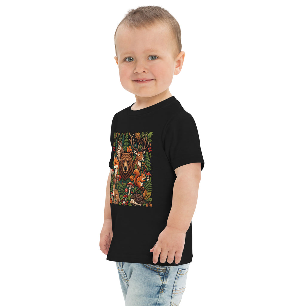 Black toddler jersey t-shirt with woodland wildlife front graphic