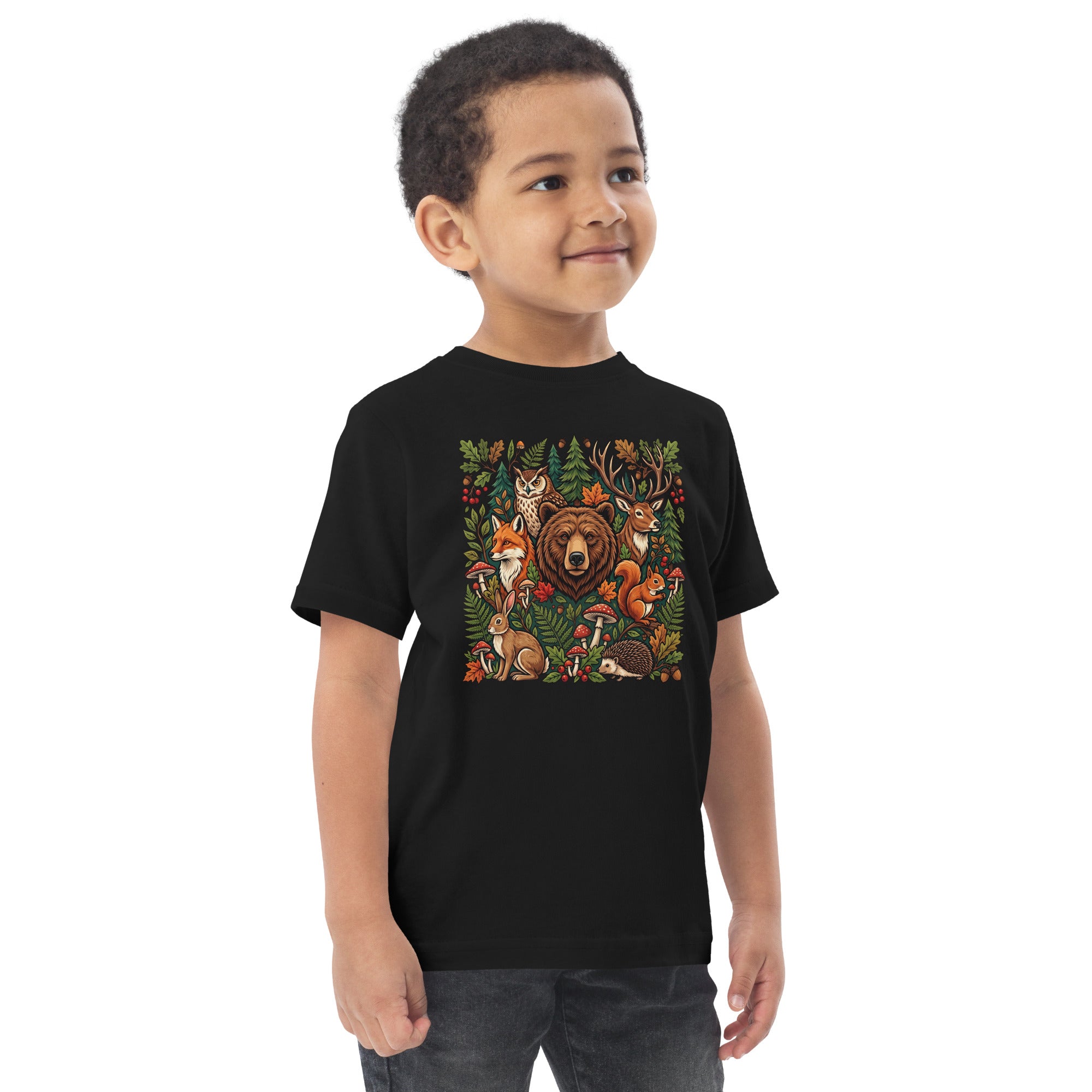 Black toddler jersey T-shirt with woodland wildlife front graphic.