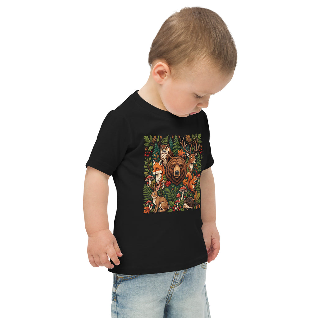 Toddler jersey T-shirt in black with woodland wildlife animal graphic, side view