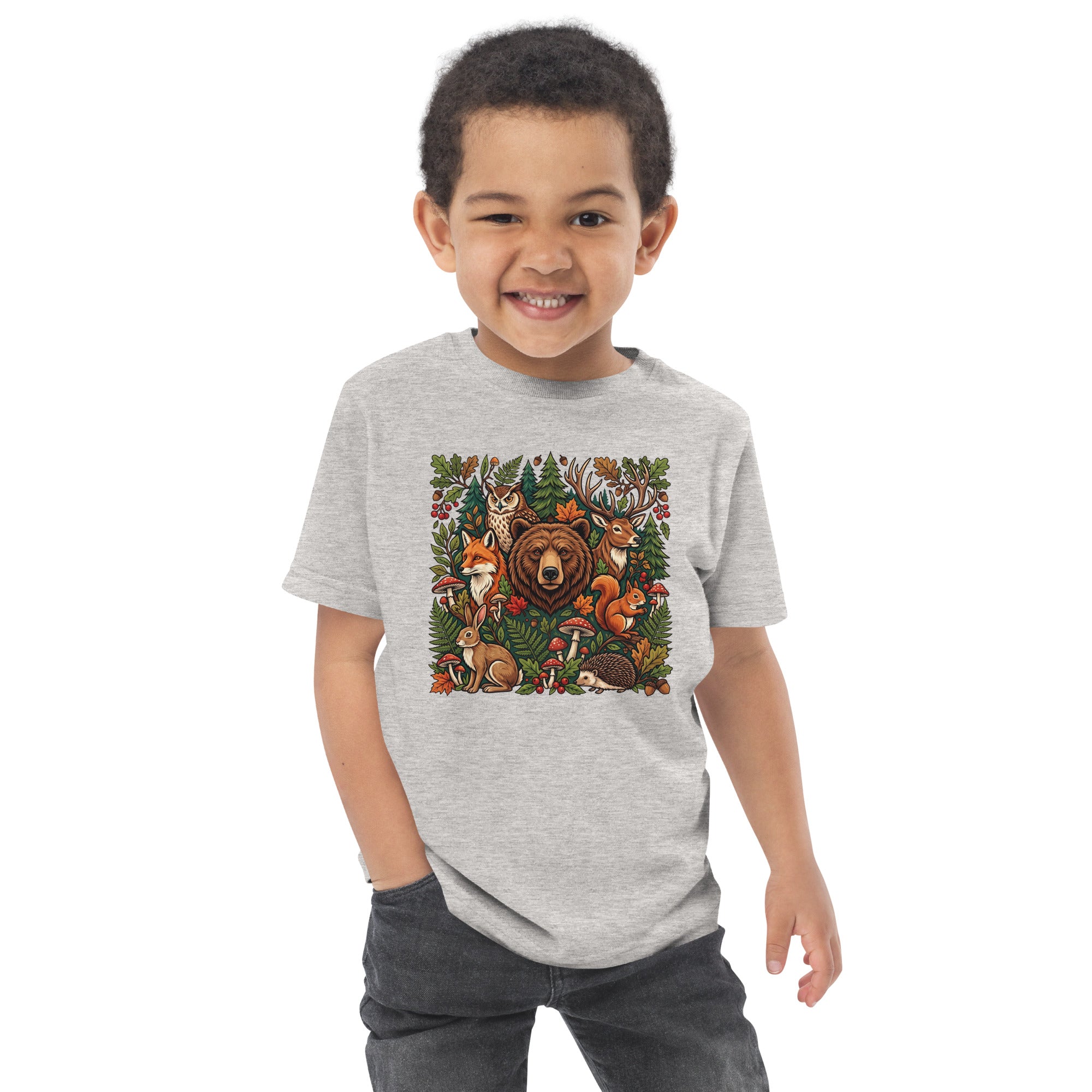 Heather gray toddler jersey T-shirt with woodland animal graphic on front