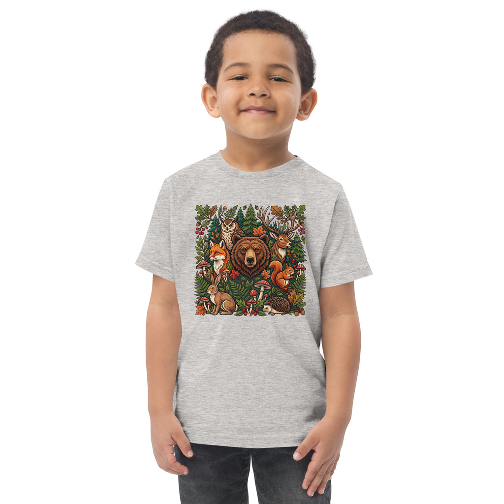 Heather gray toddler T-shirt on child model with colorful woodland wildlife front graphic.