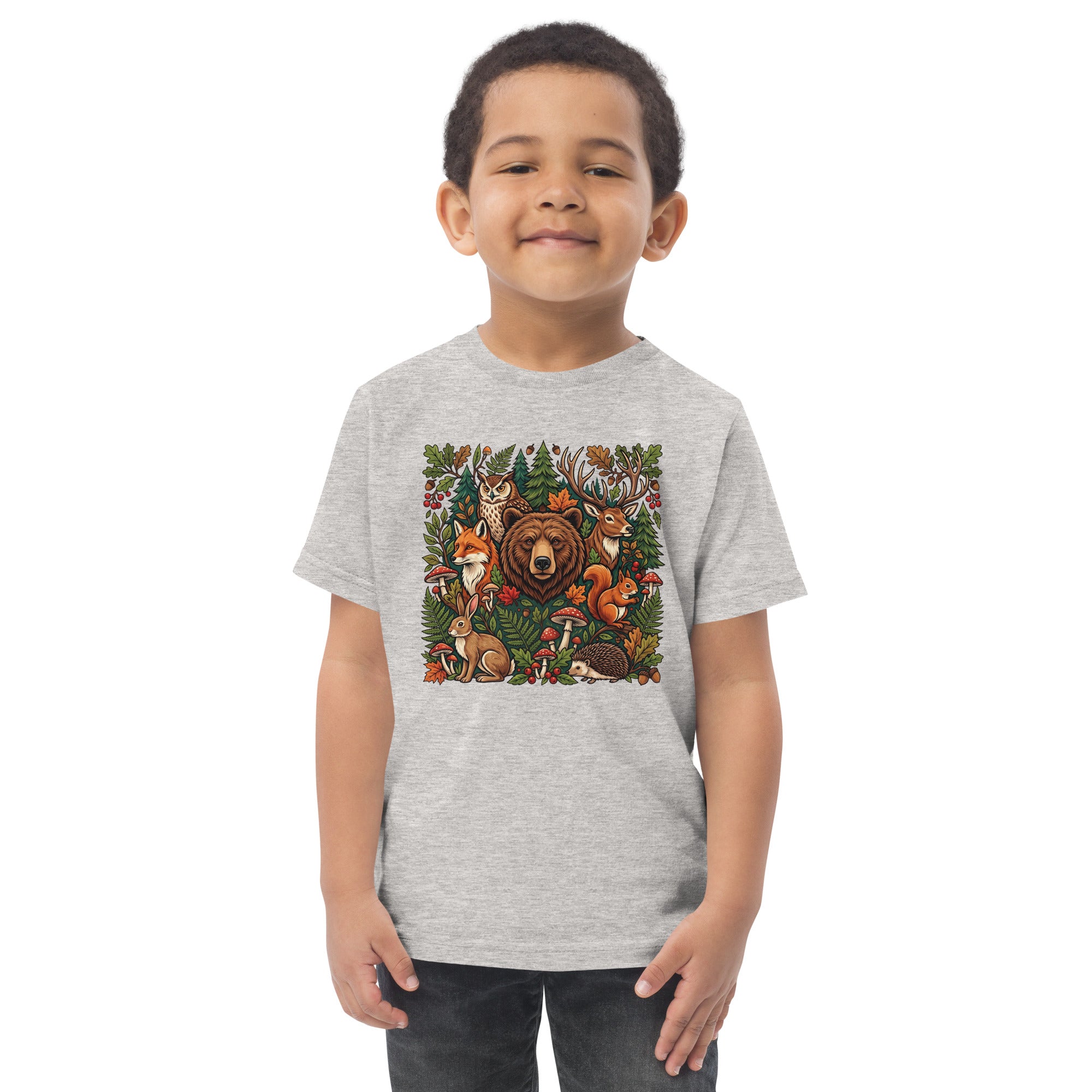 Heather gray toddler T-shirt on child model with colorful woodland wildlife front graphic.