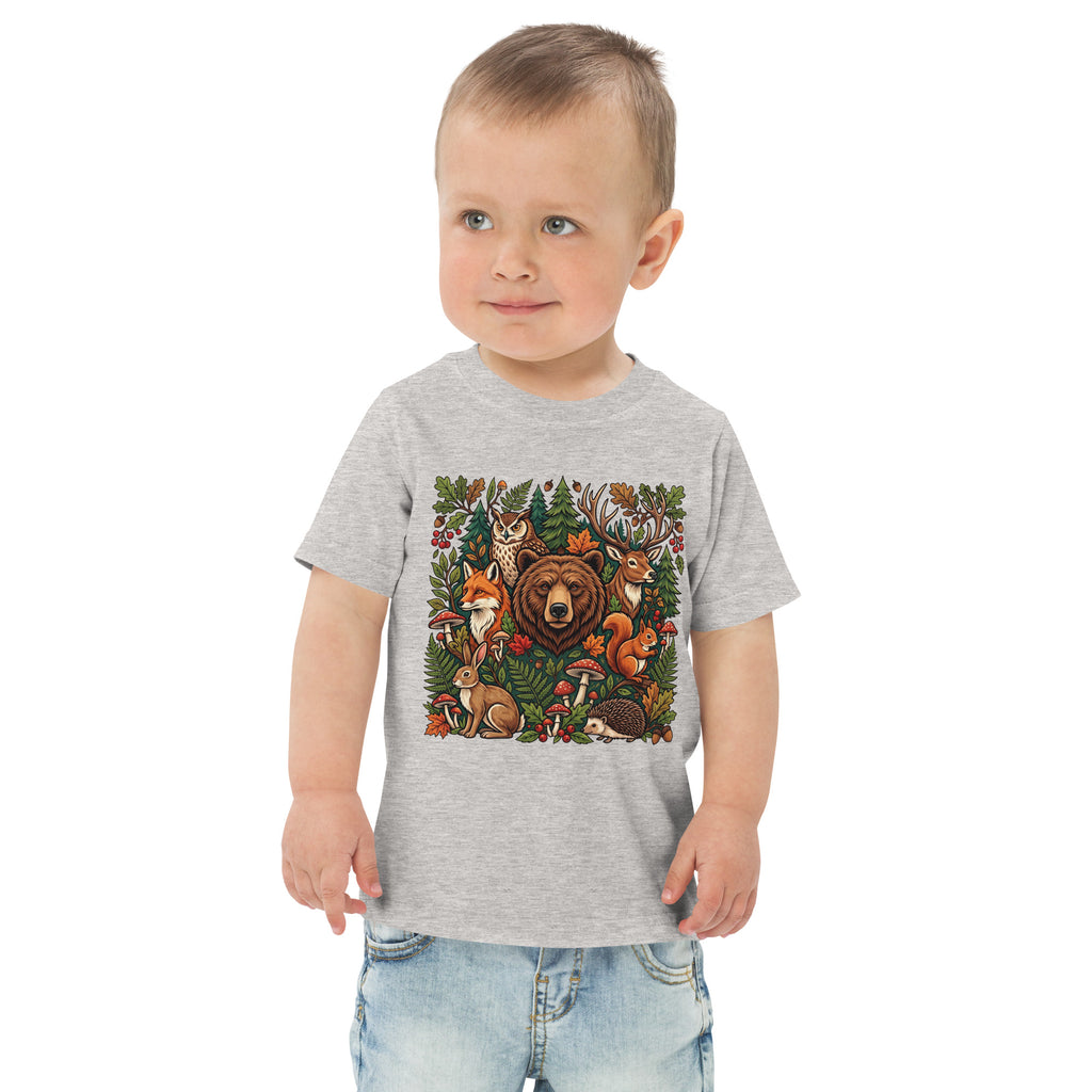 Toddler jersey T-shirt in heather gray with woodland wildlife animal graphic