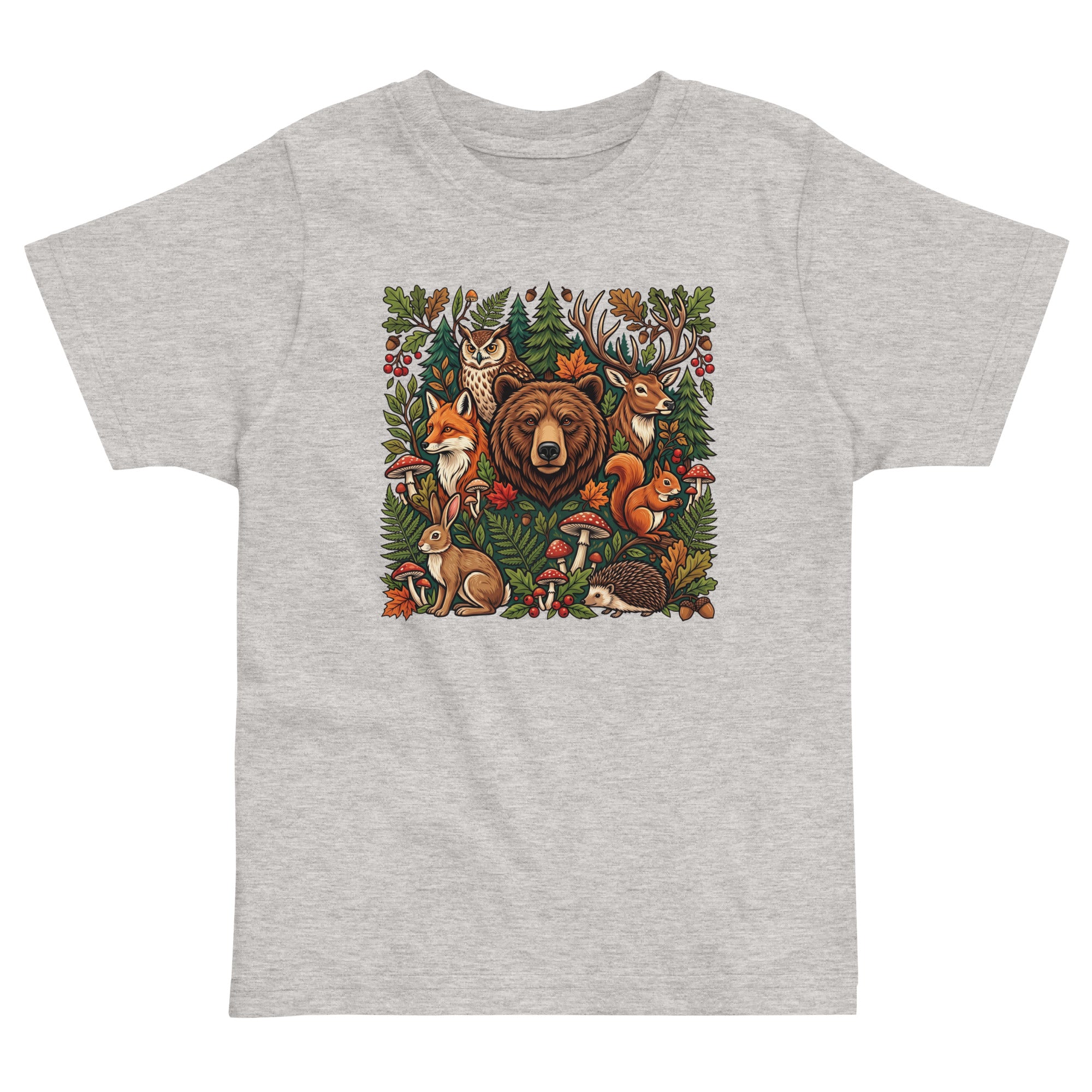 Heather gray toddler jersey T-shirt with colorful woodland wildlife front graphic.