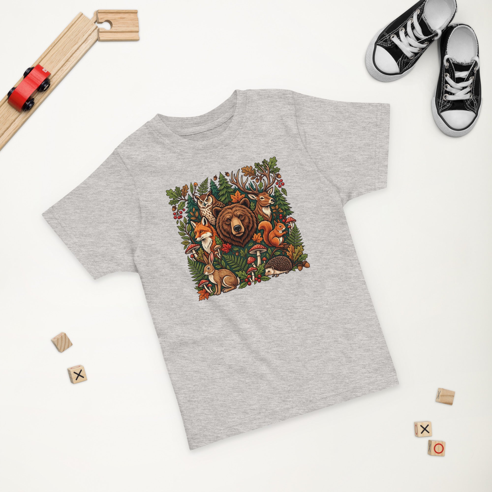 Toddler jersey T-shirt, heather gray, woodland wildlife graphic on chest