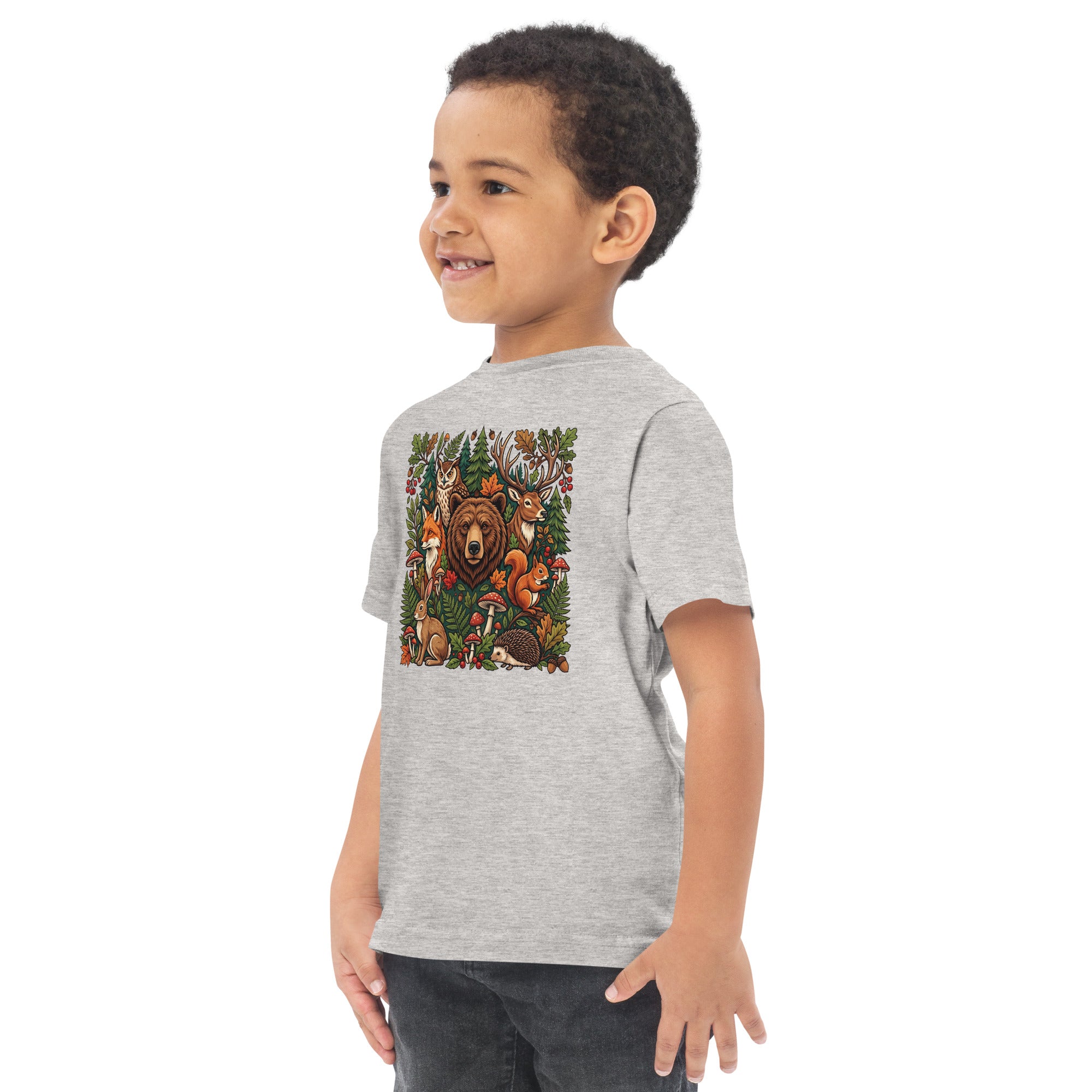 Gray toddler jersey T-shirt with woodland animal graphic on back