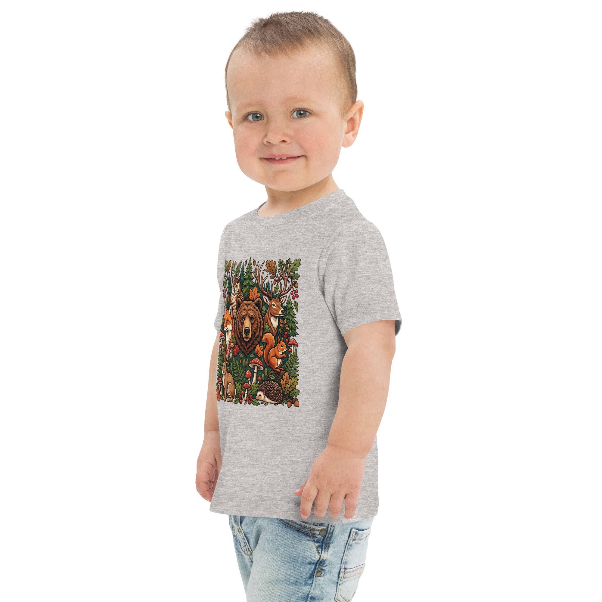 Heather gray toddler jersey t-shirt with woodland wildlife front graphic