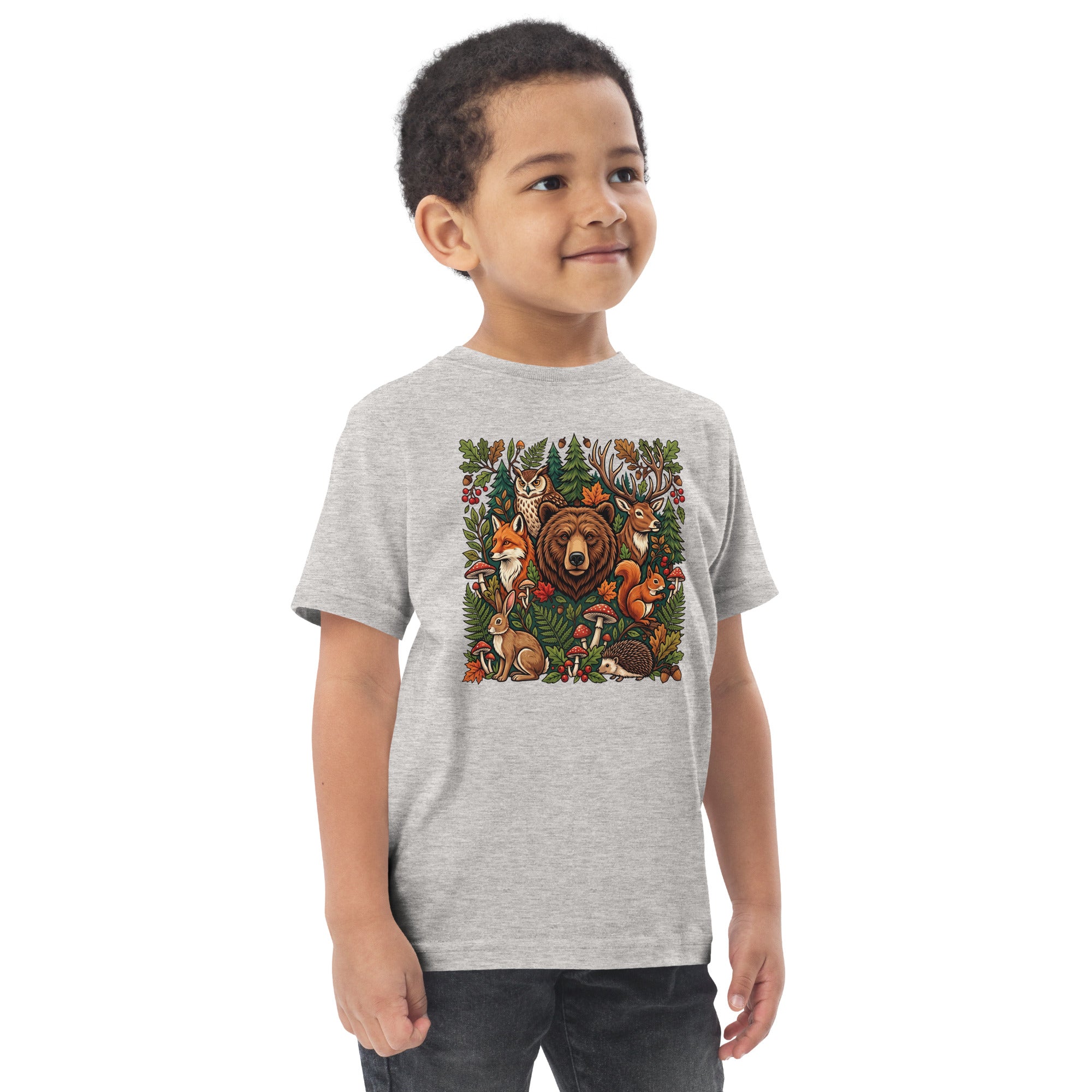 Heather gray toddler jersey T-shirt with woodland wildlife front graphic.