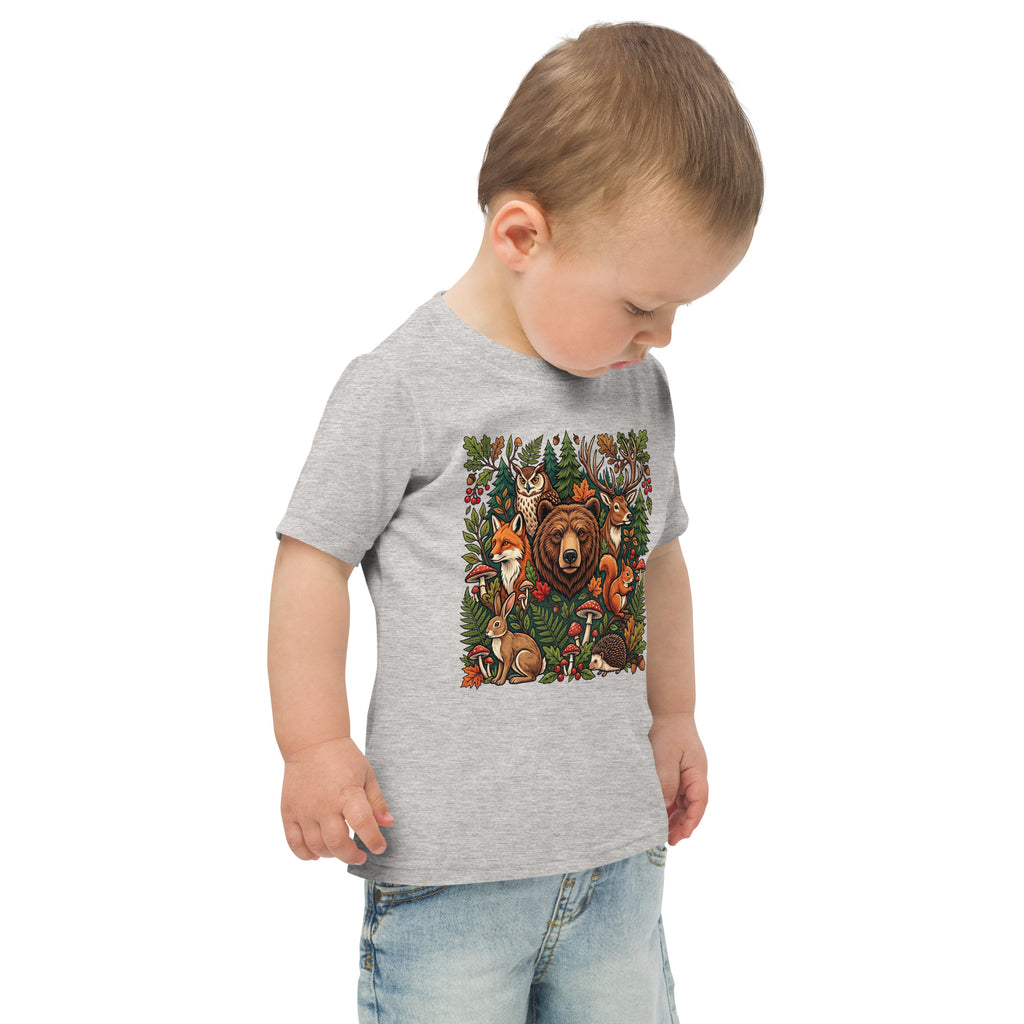 Toddler jersey T-shirt in heather gray with woodland wildlife animal graphic, side view