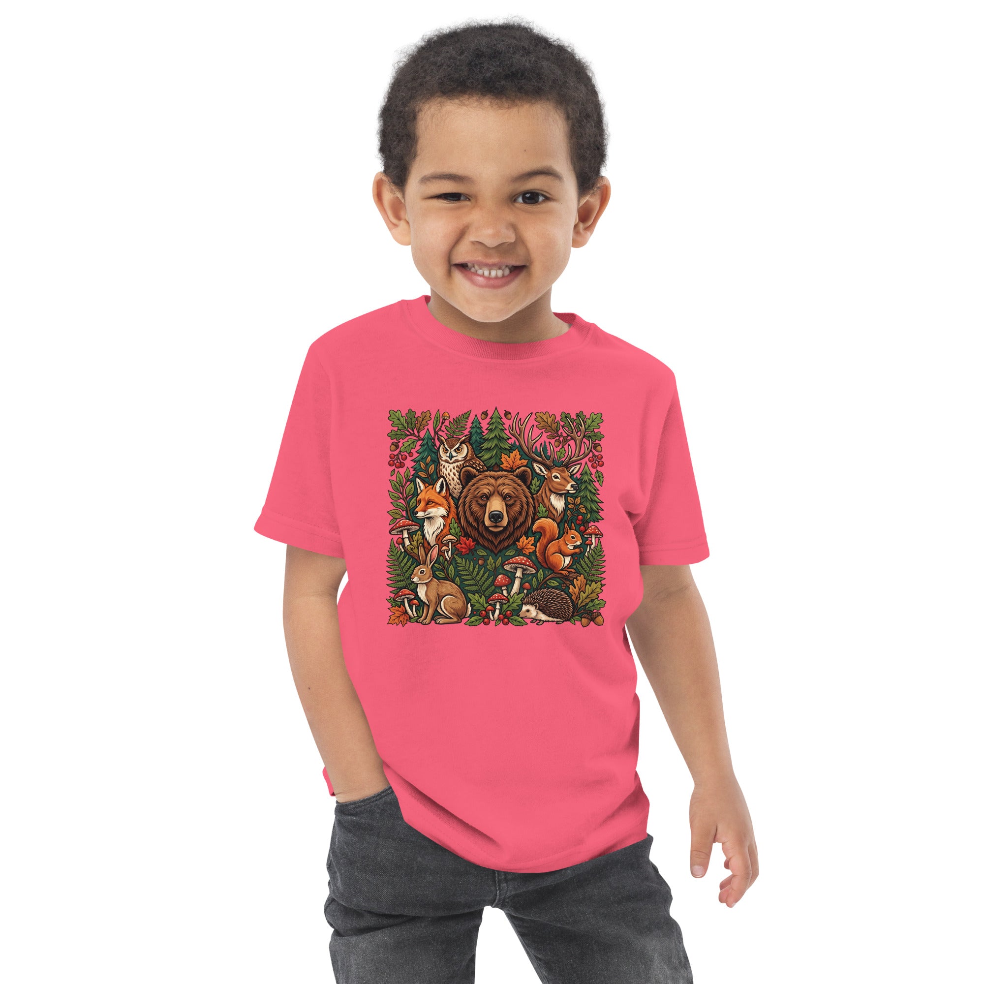 Hot pink toddler jersey T-shirt with woodland animal graphic on front