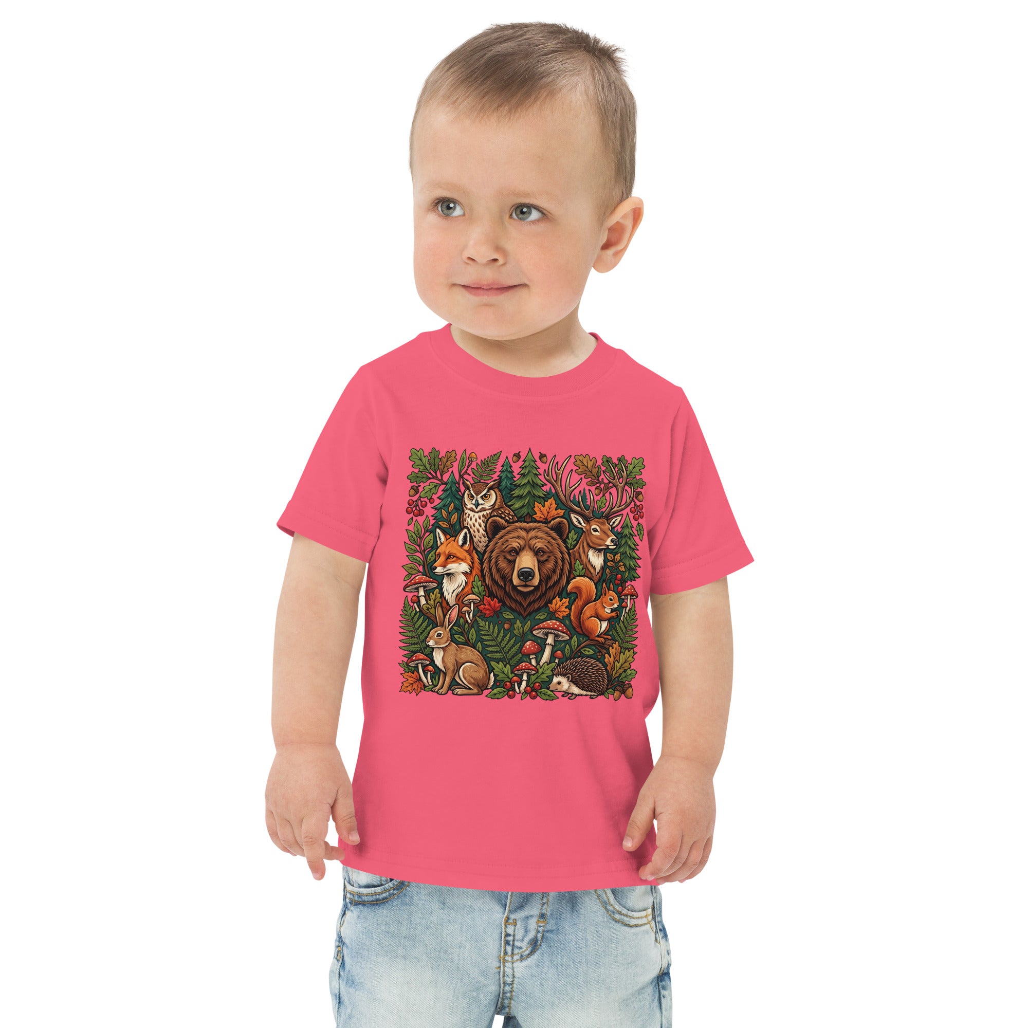Toddler jersey T-shirt in hot pink with woodland wildlife animal graphic