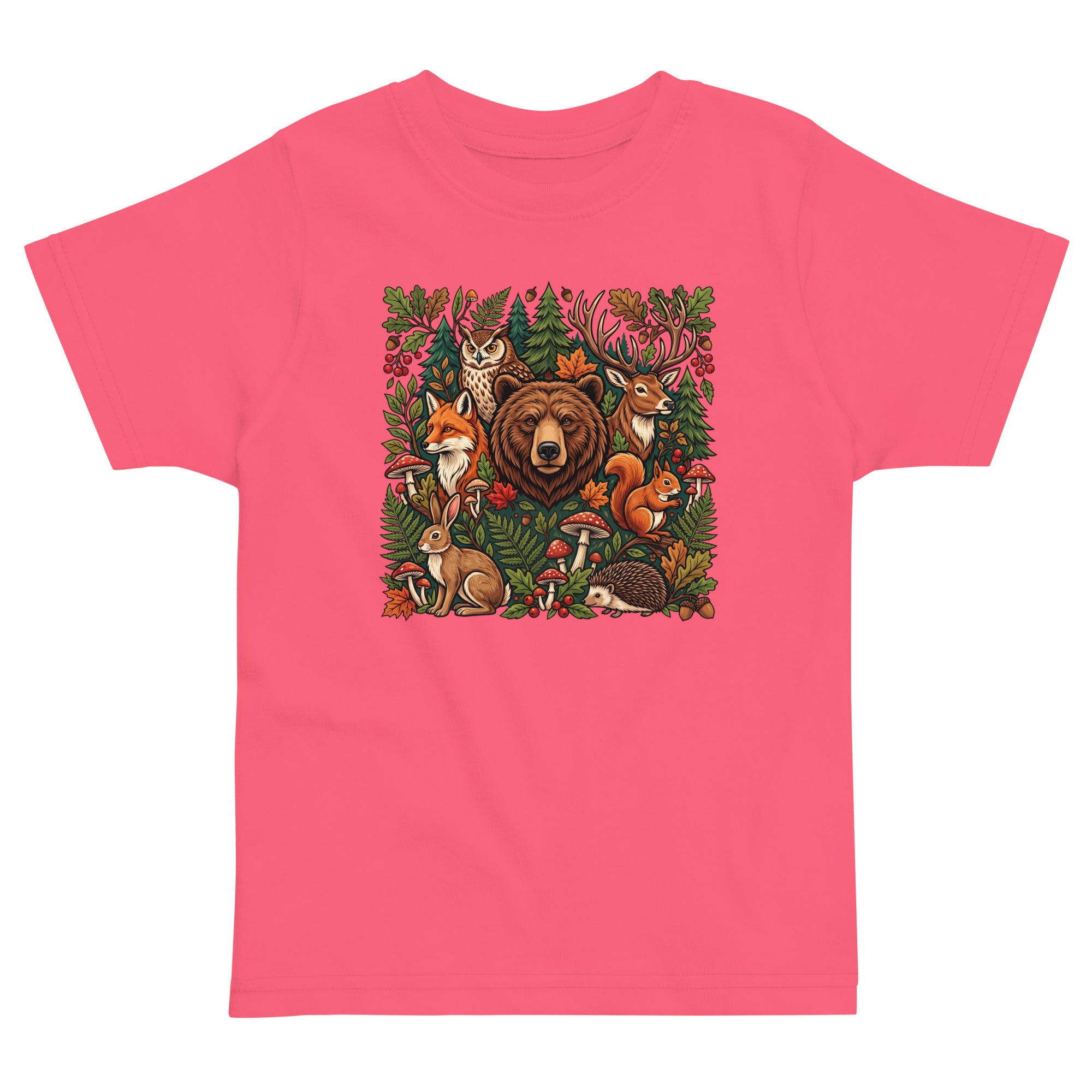 Hot pink toddler jersey T-shirt with colorful woodland wildlife front graphic.