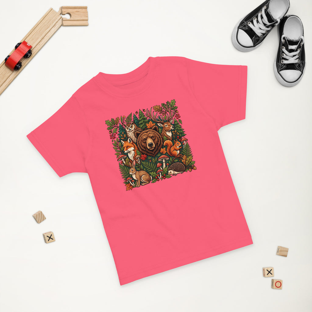 Toddler jersey T-shirt, hot pink, woodland wildlife graphic on chest