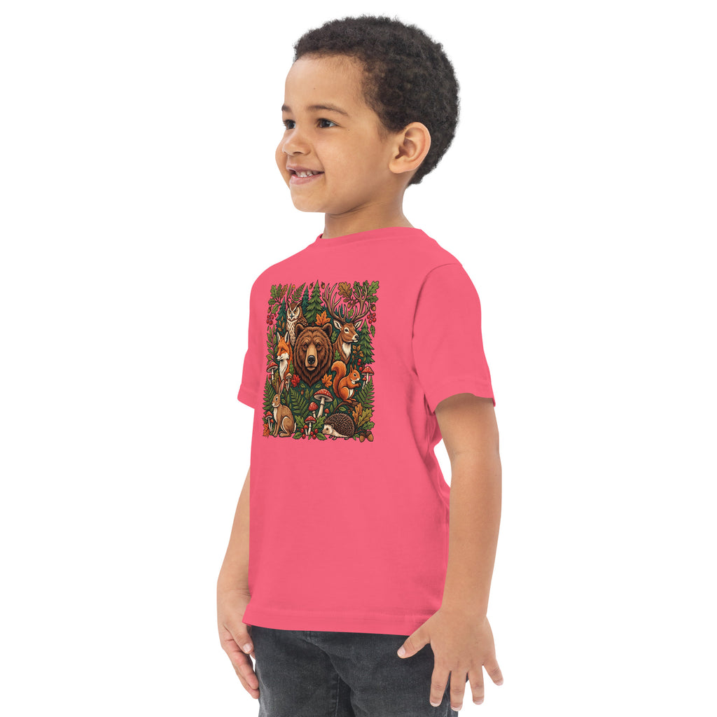 Pink toddler jersey T-shirt with woodland animal graphic on back