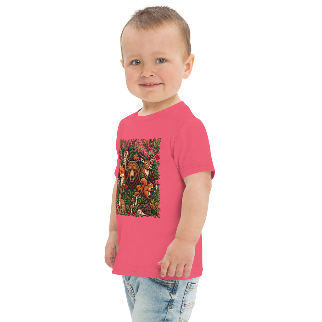 Hot pink toddler jersey t-shirt with woodland wildlife front graphic