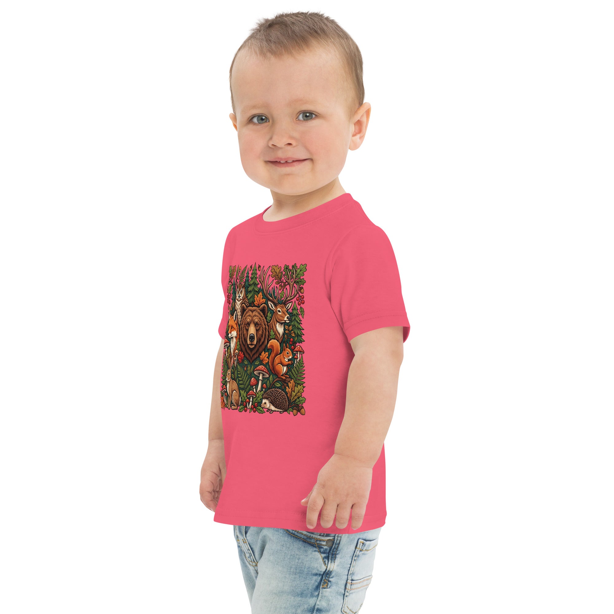 Hot pink toddler jersey t-shirt with woodland wildlife front graphic