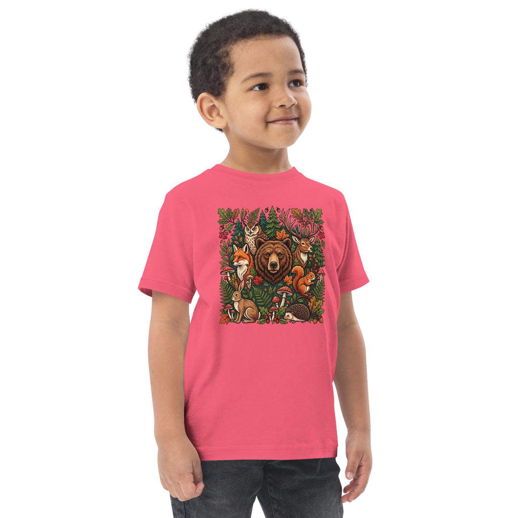Hot pink toddler jersey T-shirt with woodland wildlife front graphic.