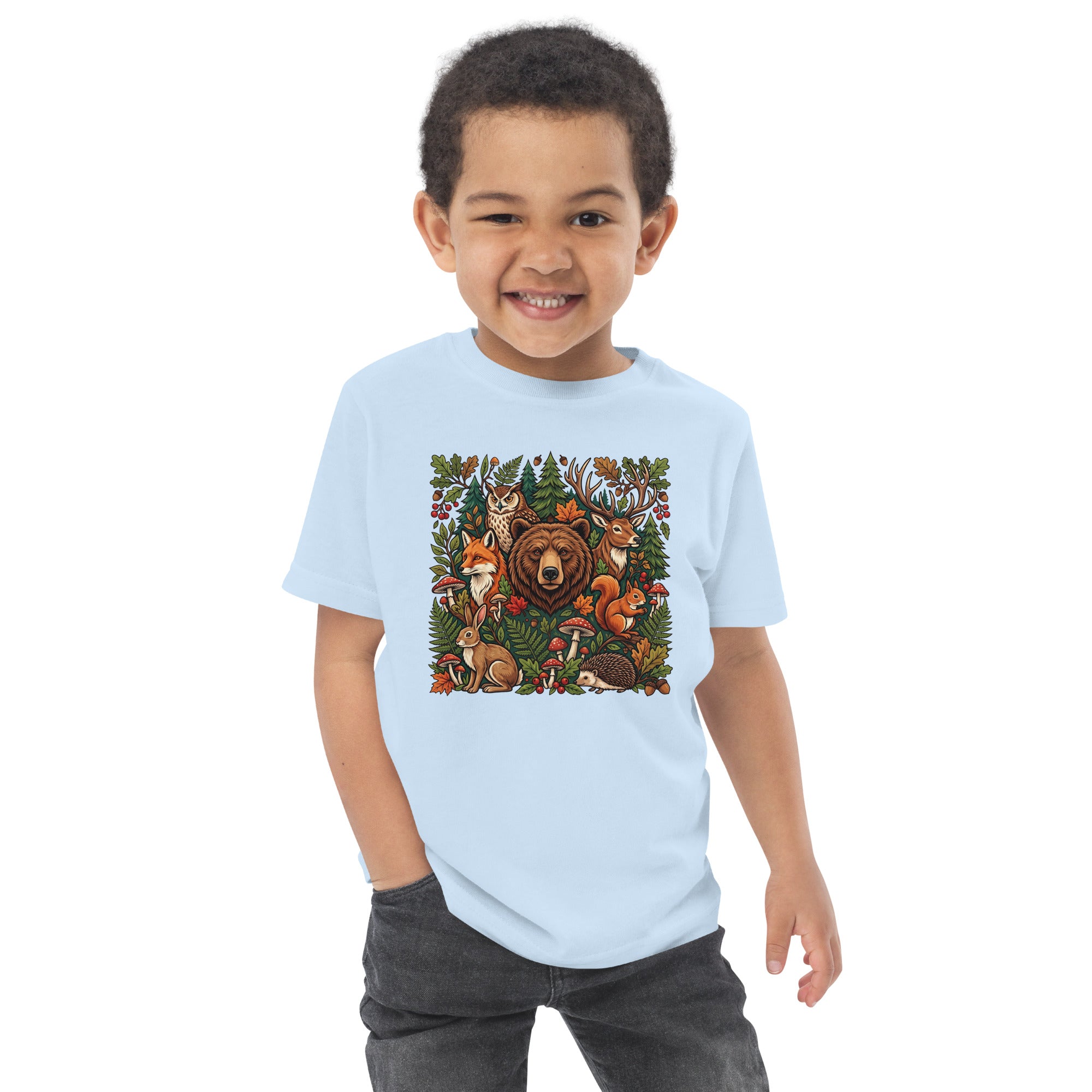 Light blue toddler jersey T-shirt with woodland animal graphic on front