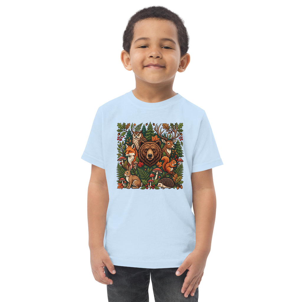 Light blue toddler jersey T-shirt with woodland wildlife front graphic.