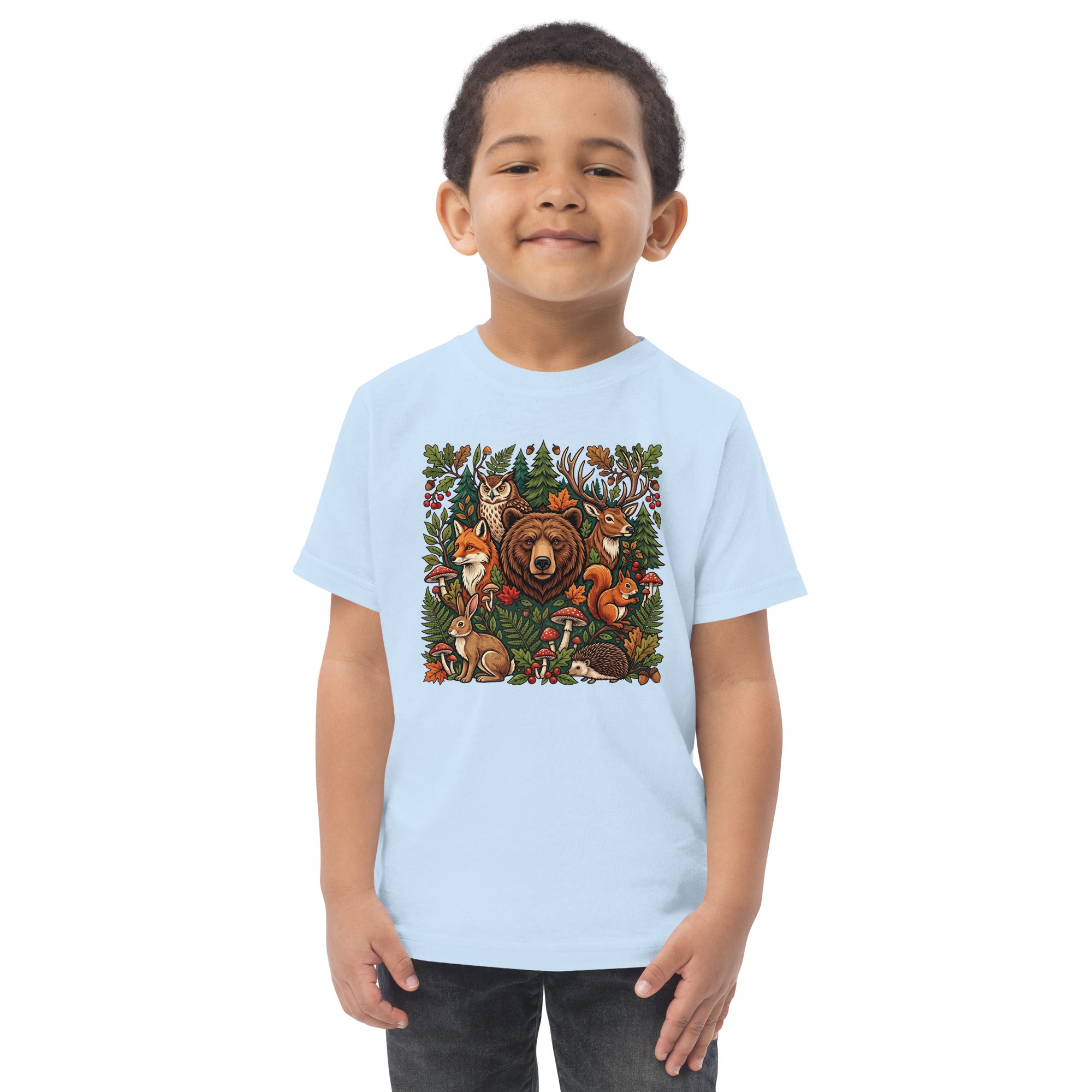 Light blue toddler jersey T-shirt with woodland wildlife front graphic.