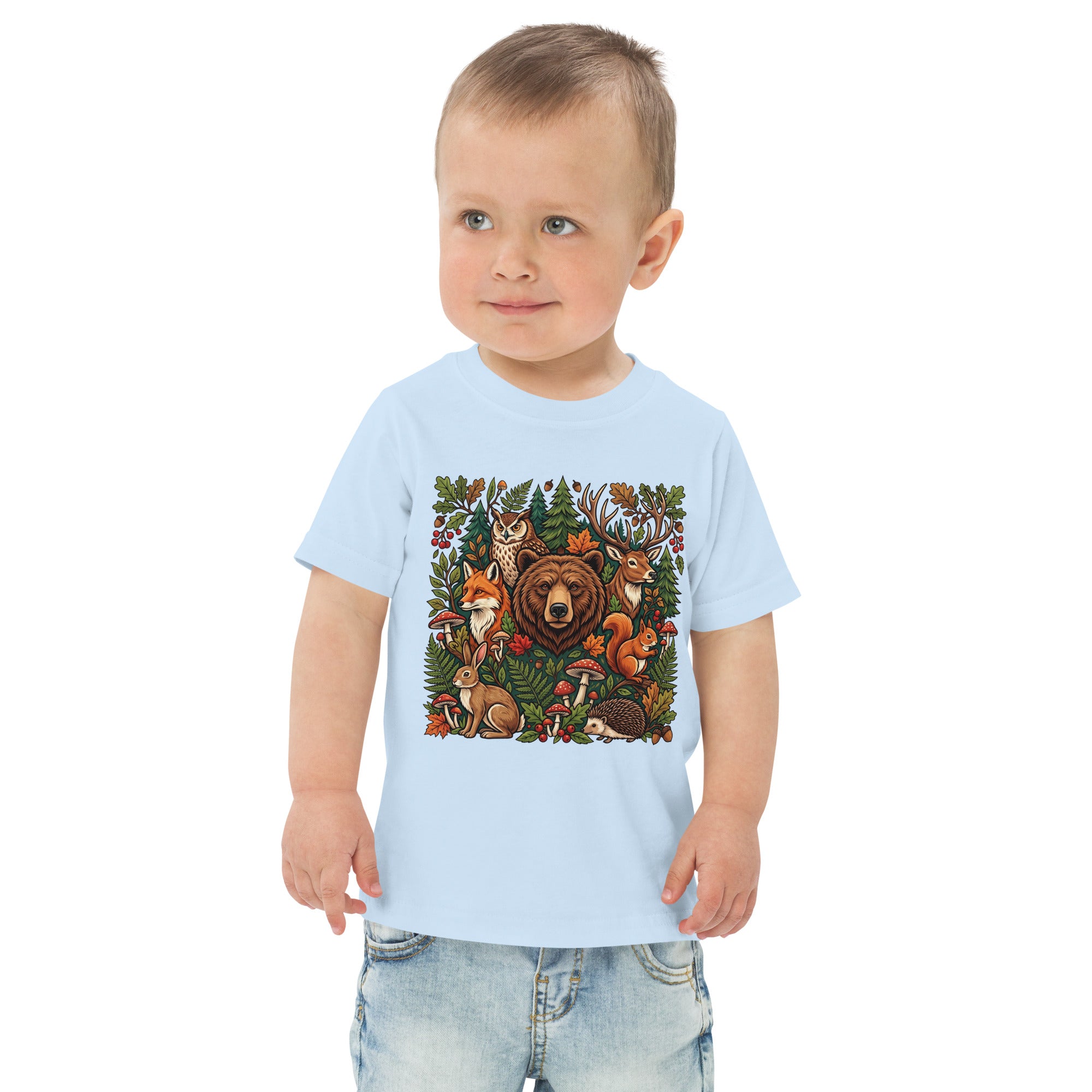 Toddler jersey T-shirt in light blue with woodland wildlife animal graphic