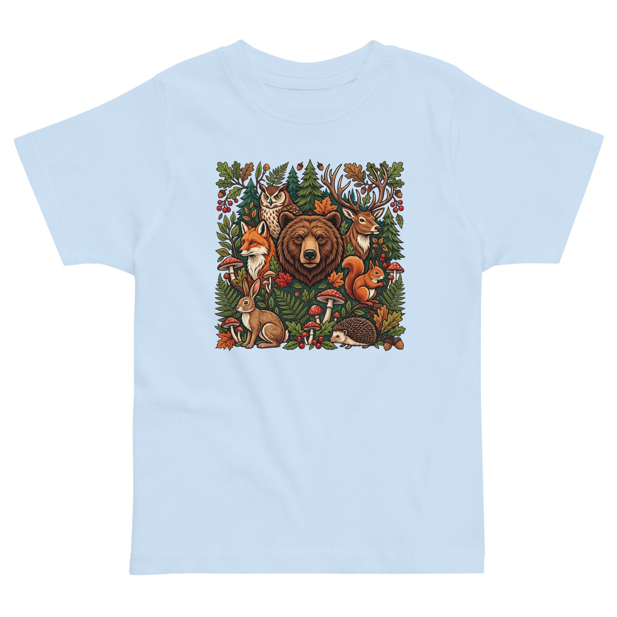 Light blue toddler jersey T-shirt with colorful woodland wildlife front graphic.