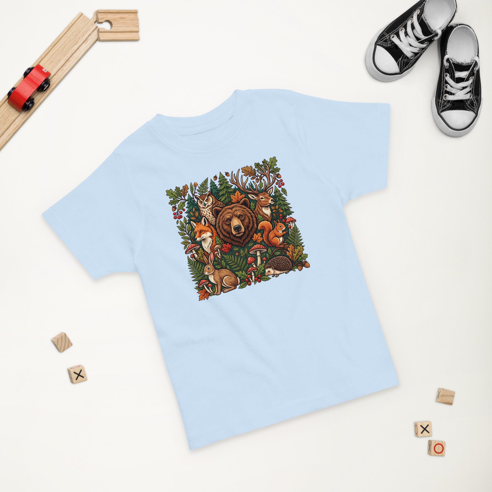 Toddler jersey T-shirt, light blue, woodland wildlife graphic on chest