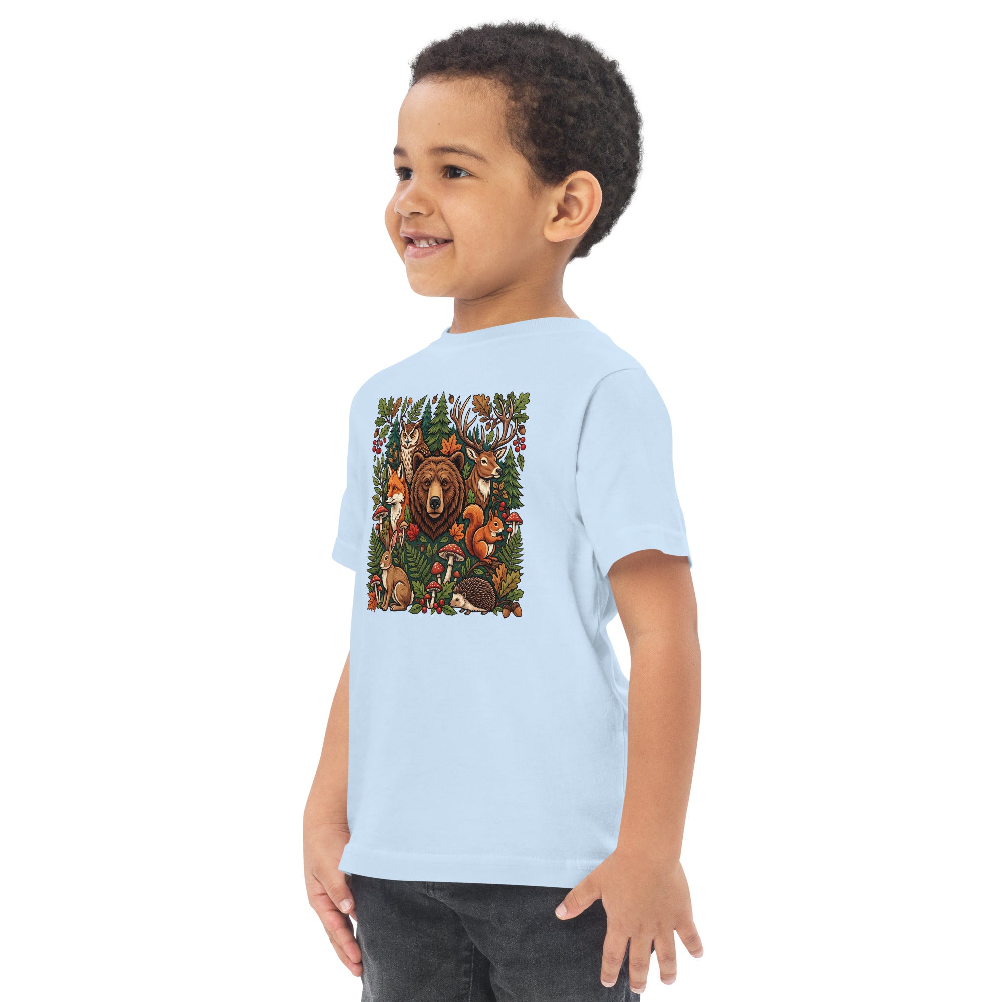 Light blue toddler jersey T-shirt with woodland animal graphic on back