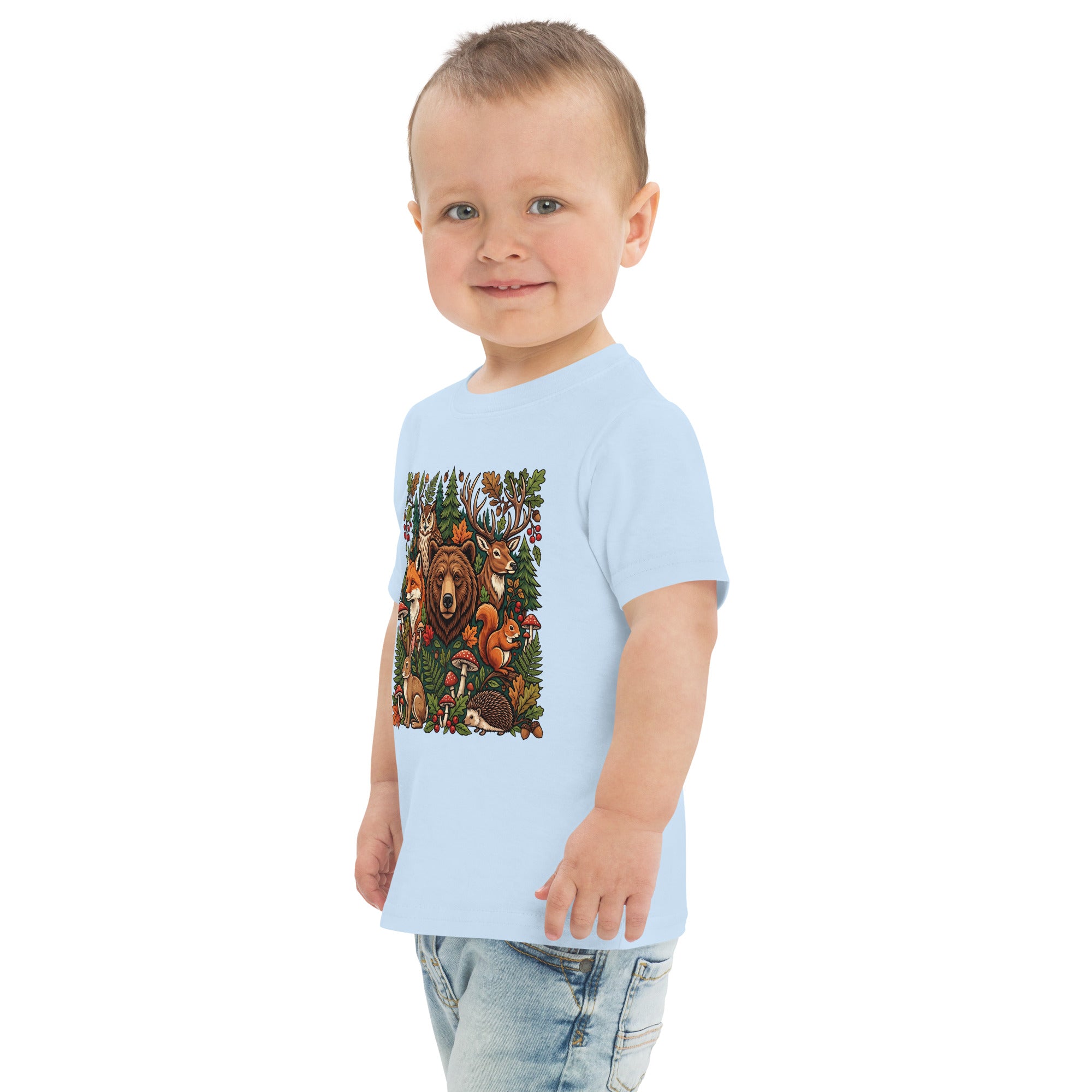 Light blue toddler jersey t-shirt with woodland wildlife front graphic
