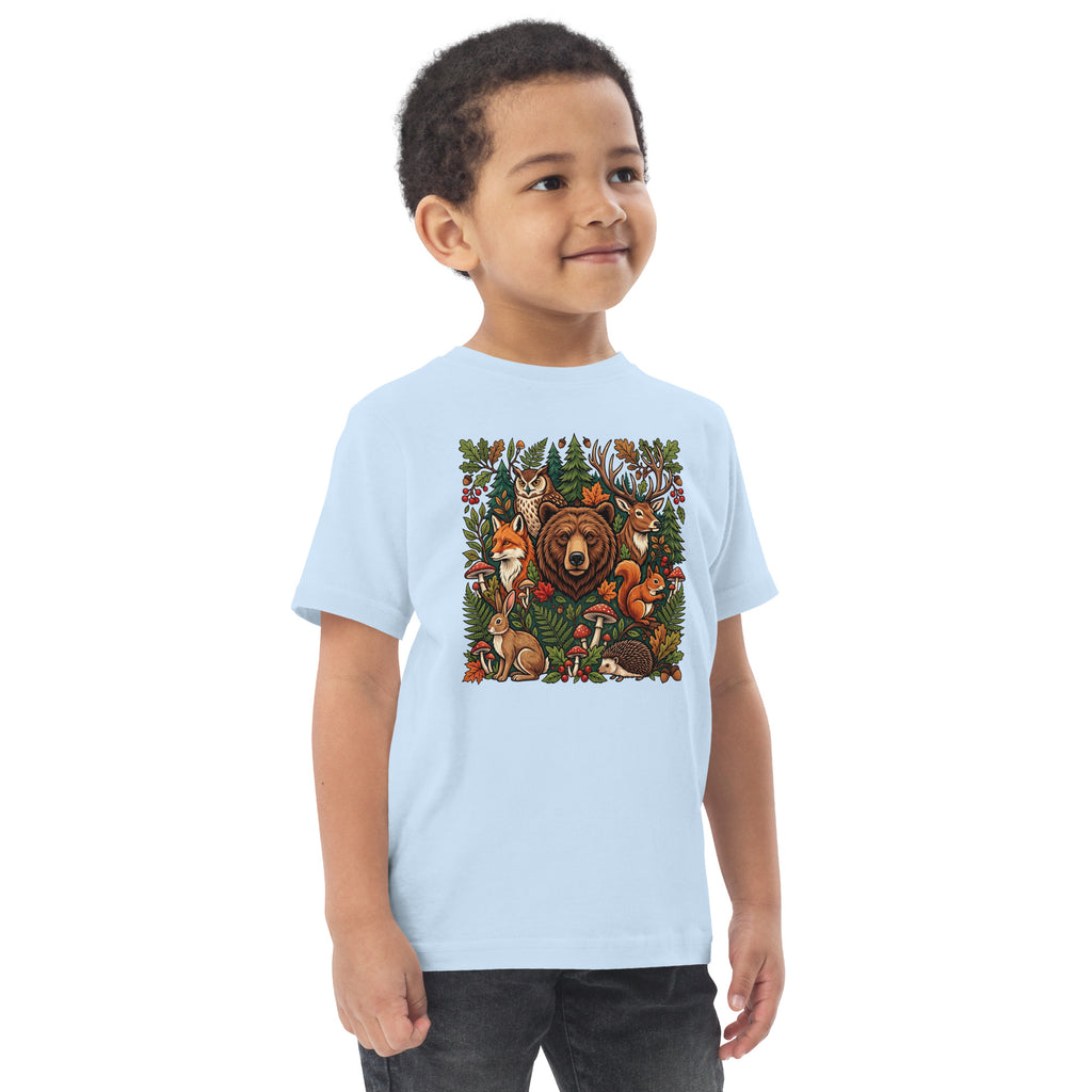 Light blue toddler jersey T-shirt with woodland wildlife back graphic.