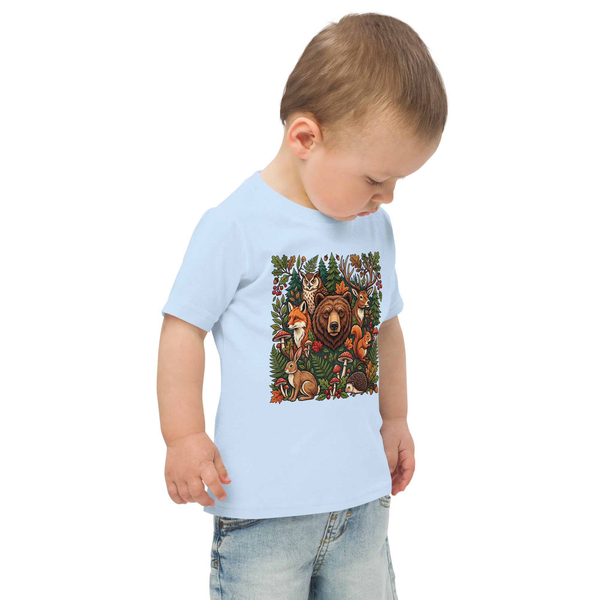 Light blue toddler jersey t-shirt with woodland wildlife front graphic