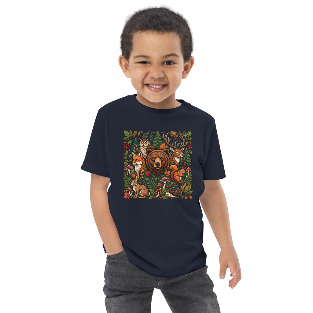 Navy toddler jersey T-shirt with woodland animal graphic on front