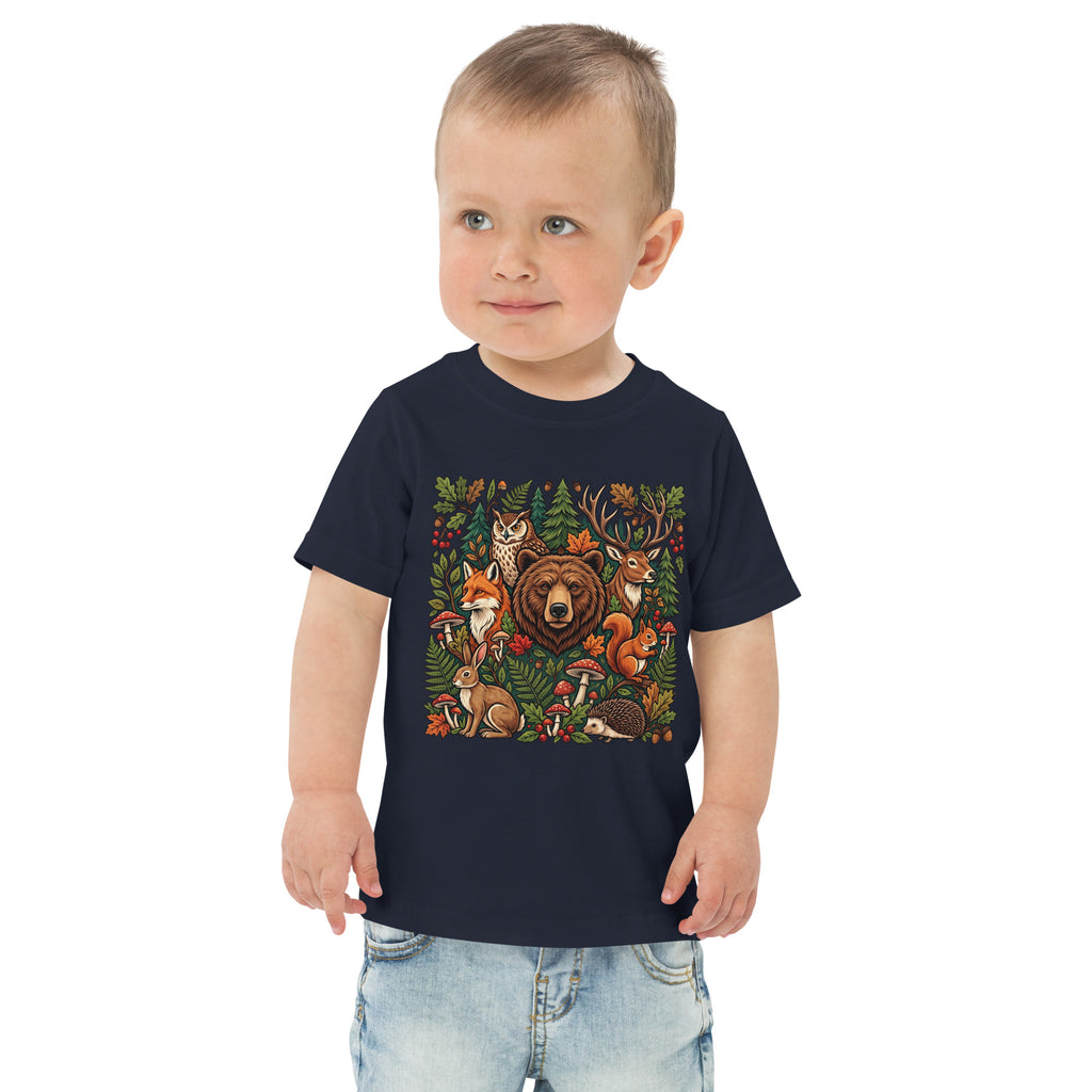 Toddler jersey T-shirt in navy with woodland wildlife animal graphic