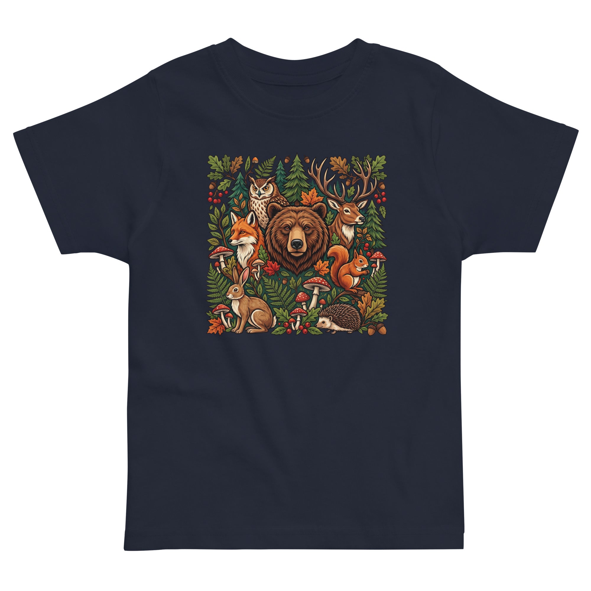 Navy toddler jersey T-shirt with colorful woodland wildlife front graphic.