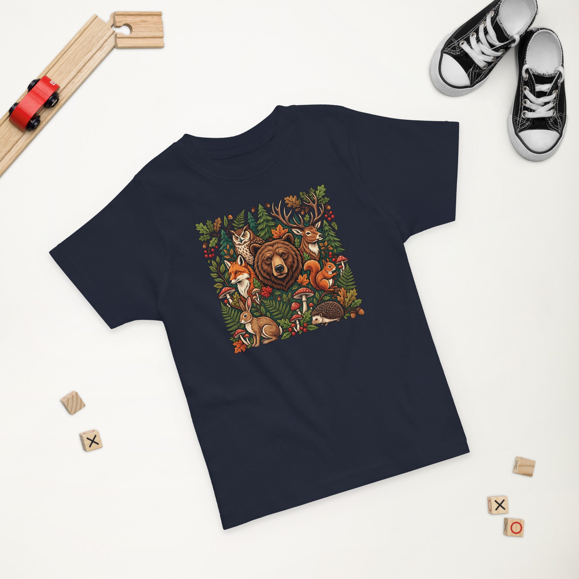 Navy toddler jersey t-shirt, flat lay, with woodland wildlife front graphic