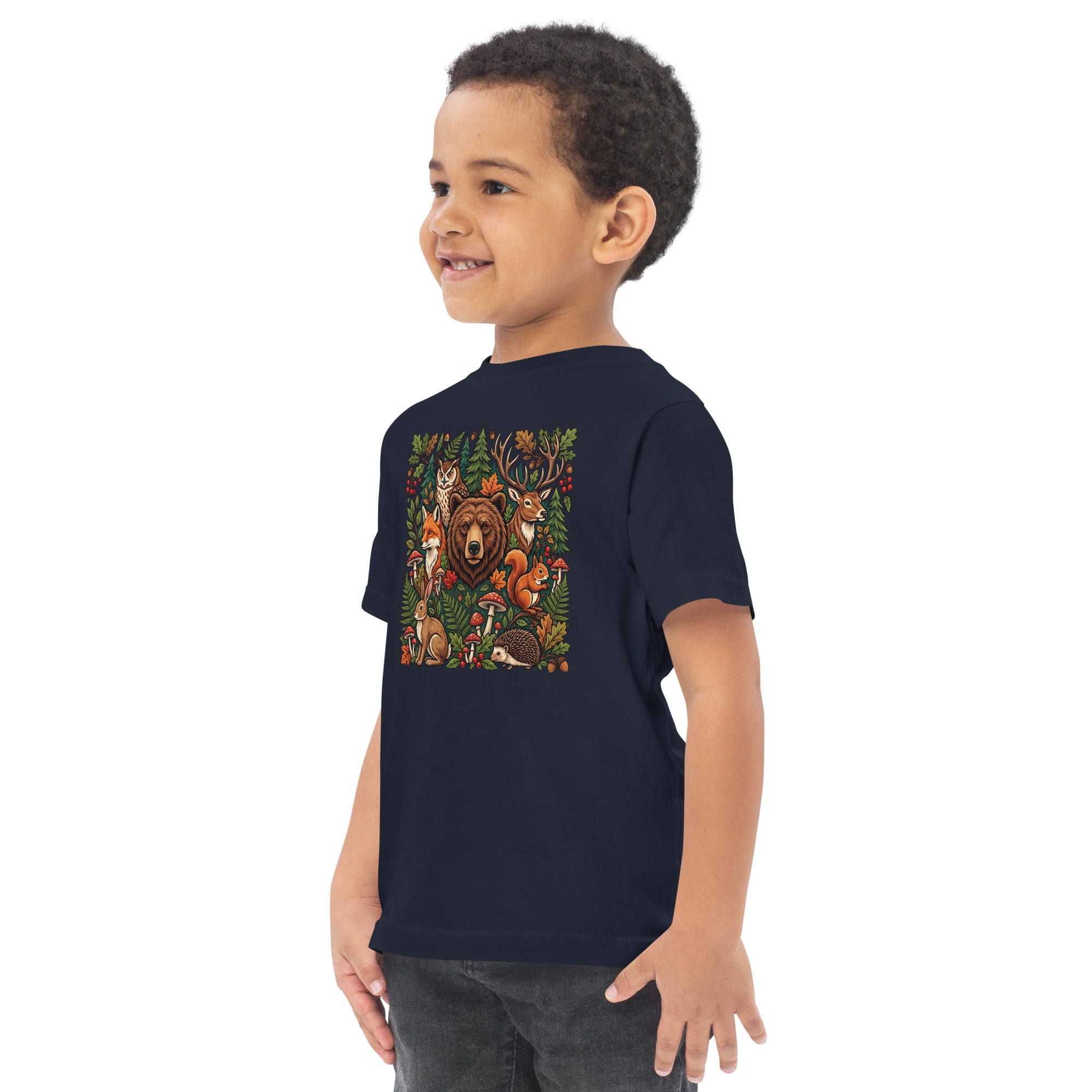 Navy toddler jersey T-shirt with woodland wildlife back graphic.
