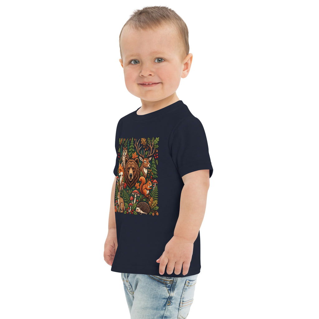 Navy toddler jersey t-shirt with woodland wildlife front graphic