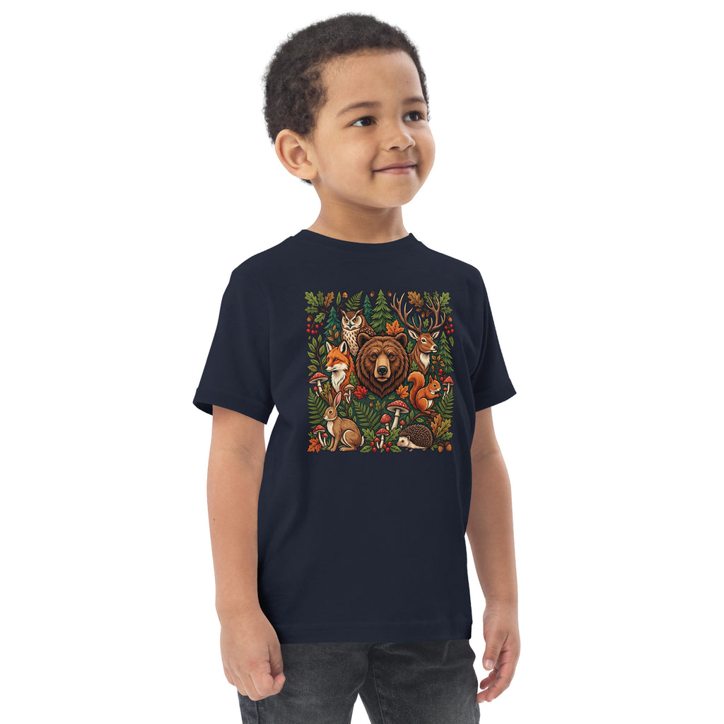Navy toddler jersey T-shirt with woodland wildlife front graphic.