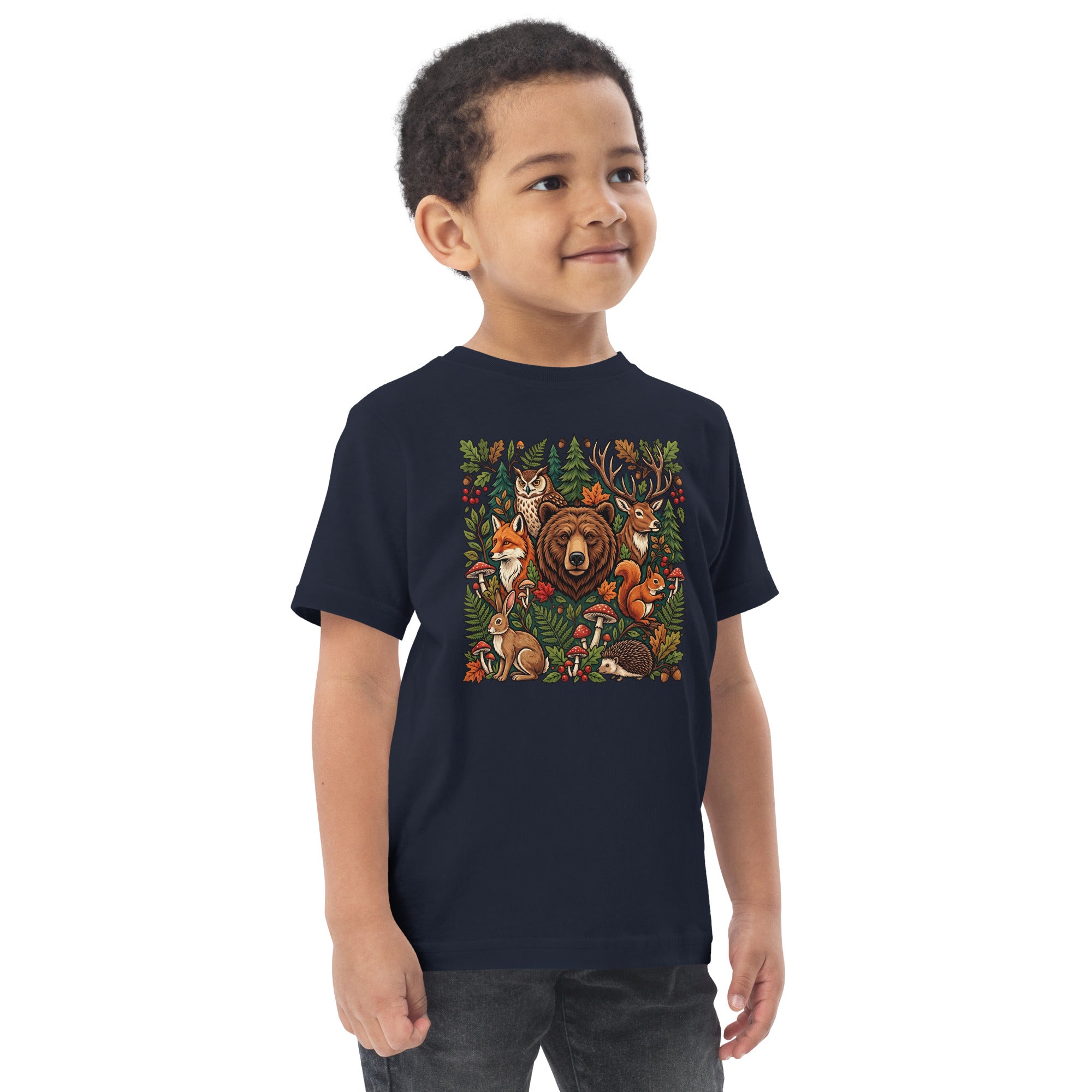 Navy toddler jersey T-shirt with woodland wildlife front graphic.