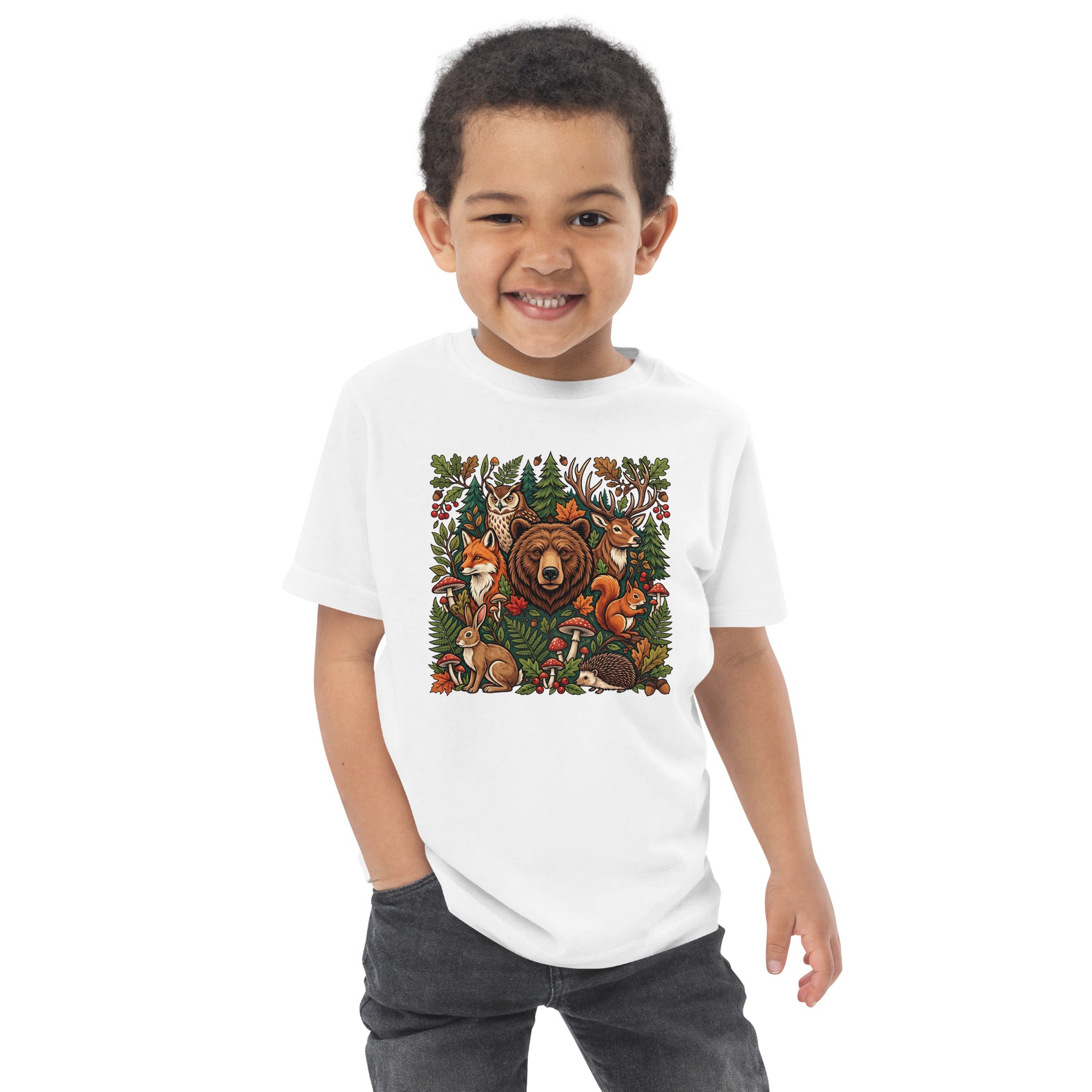 White toddler jersey T-shirt with woodland animal graphic on front
