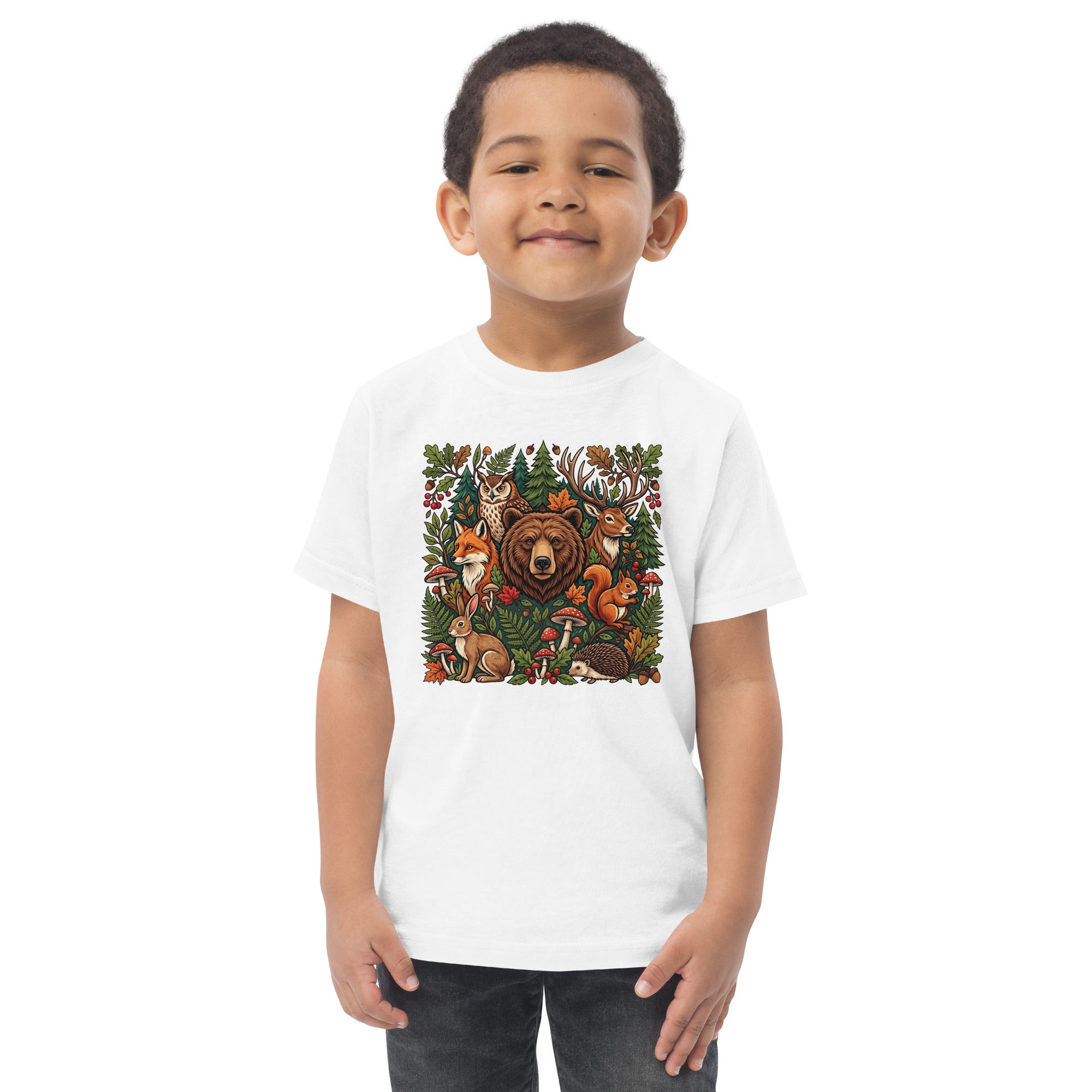 White toddler jersey T-shirt with woodland wildlife front graphic.