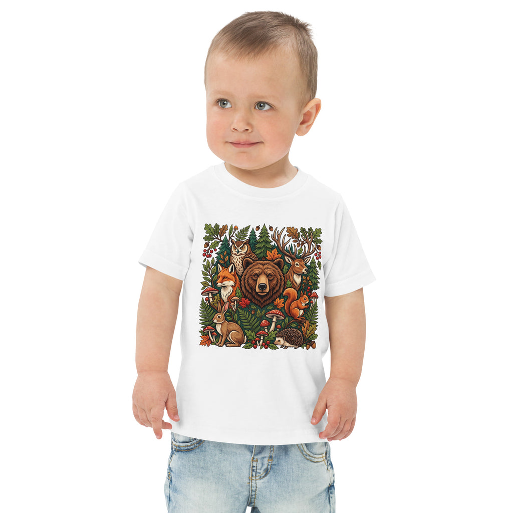 Toddler jersey T-shirt in white with woodland wildlife animal graphic