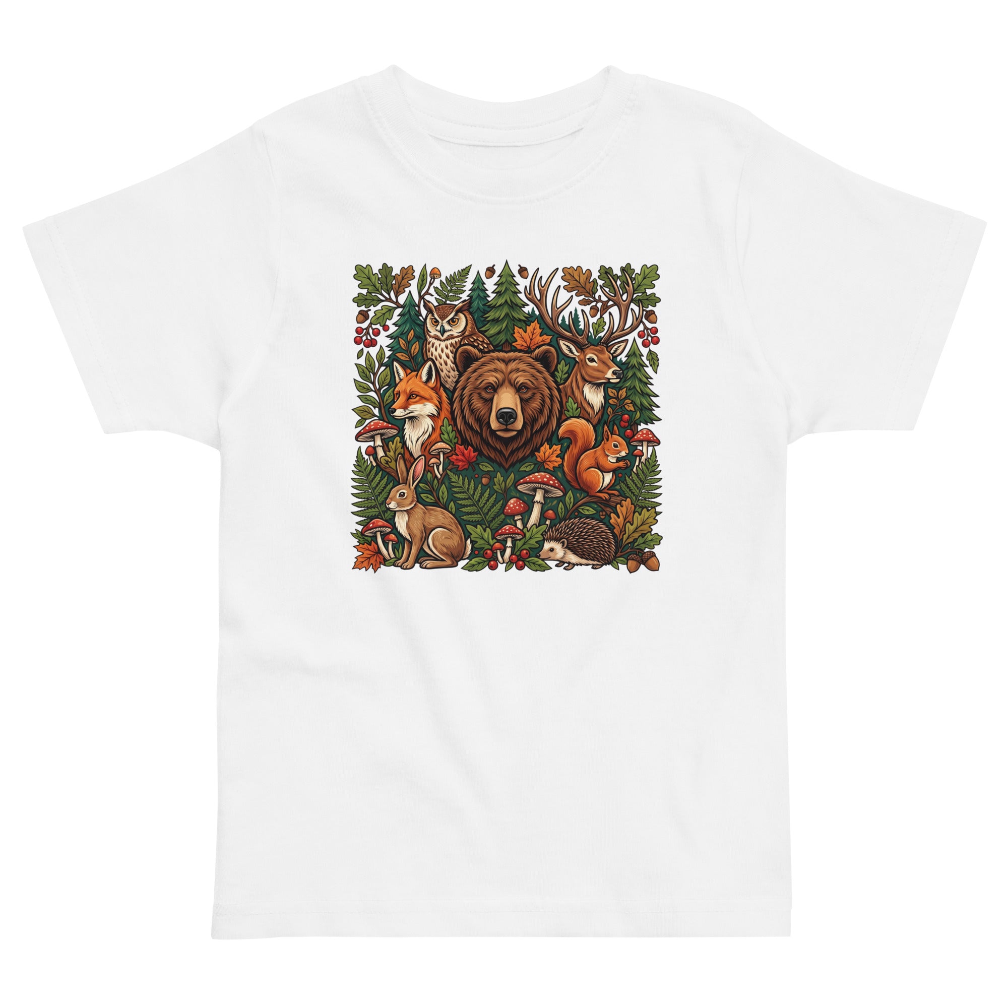 White toddler jersey T-shirt with colorful woodland wildlife front graphic.