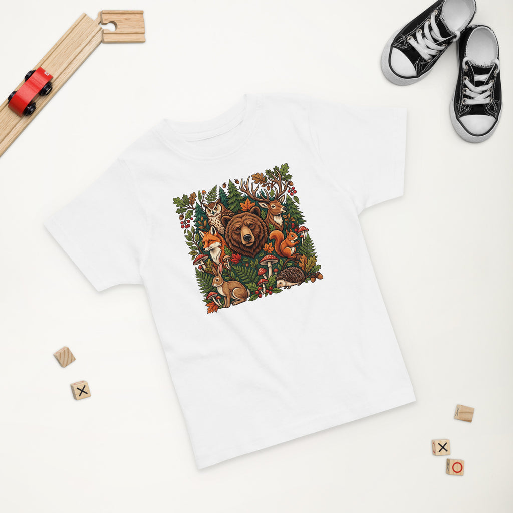Toddler jersey T-shirt, white, woodland wildlife graphic on chest