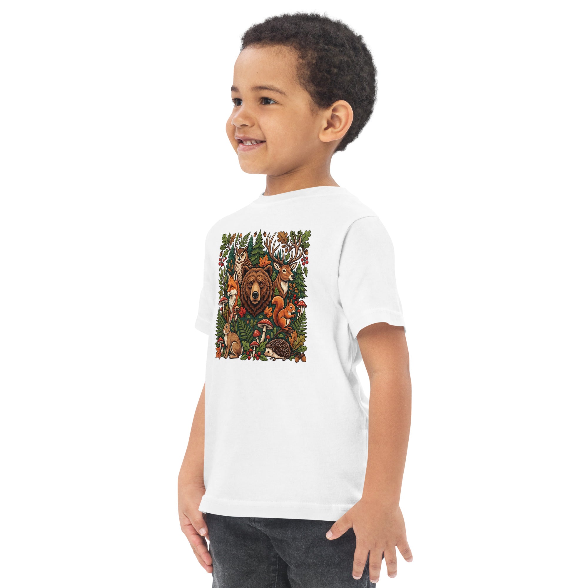 White toddler jersey T-shirt with woodland animal graphic on back